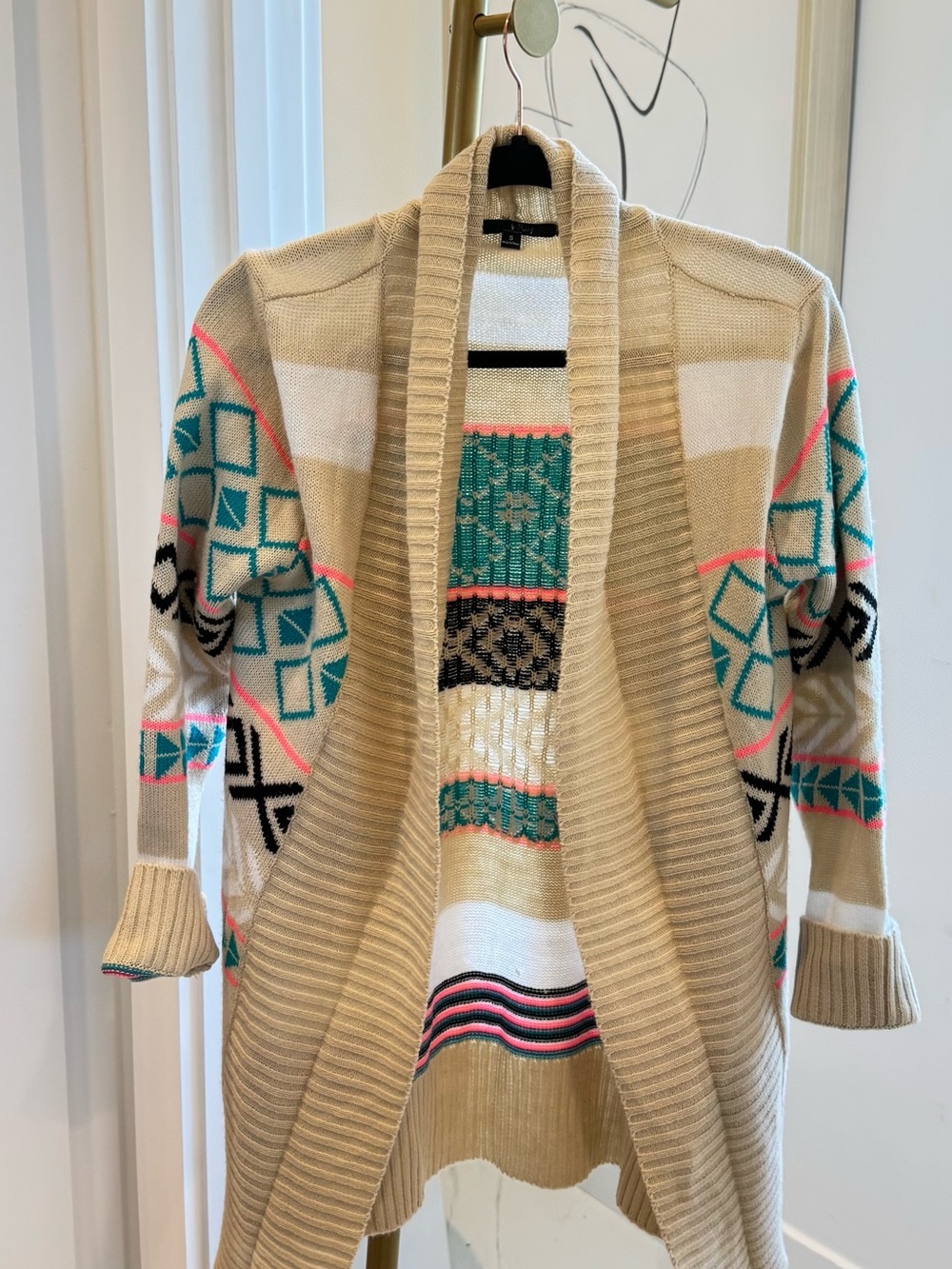 Beige Aztec Open-Front Cardigan Sweater, Small